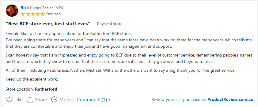BCF customer review