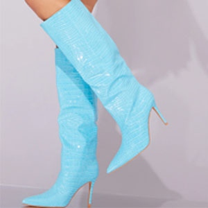 pretty little things - BLUE PU CROC DETAIL POINT TOE STILETTO HEELED KNEE HIGH BOOTS