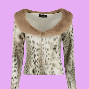 Cettire - Blumarine Animale Print Faux Fur Collared Cardigan