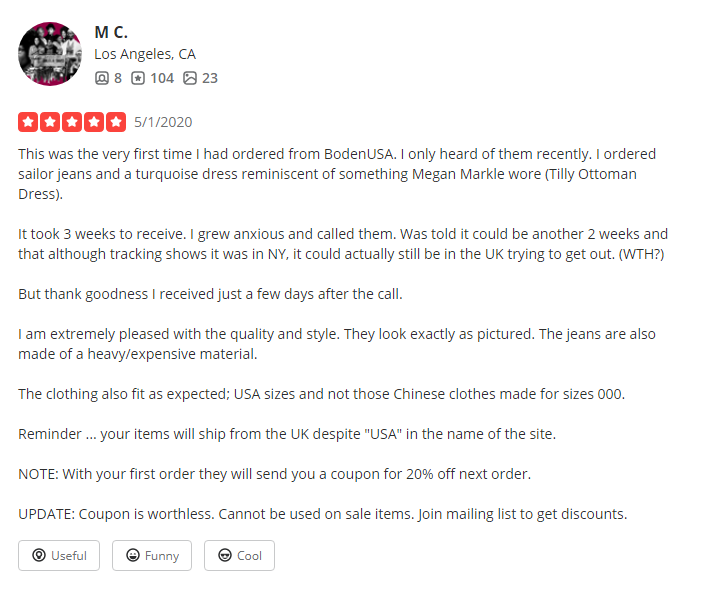 Boden Customer Review 1