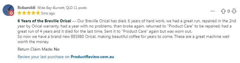 Breville Customer Review