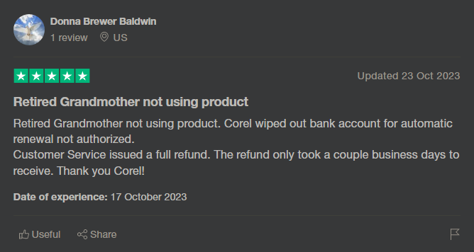 Corel customer review