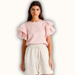 Cotton Double Flutter Sleeve Tee in Light Pink