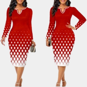 Geometric Print Split Christmas Red Long Sleeve Dress