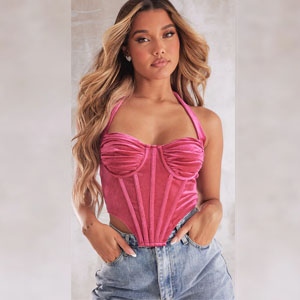 pretty little things - HOT PINK VELVET RUCHED BUST HALTER CORSET