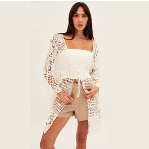 Ally Fashion - White Crochet Cardigan Long Sleeve Relaxed